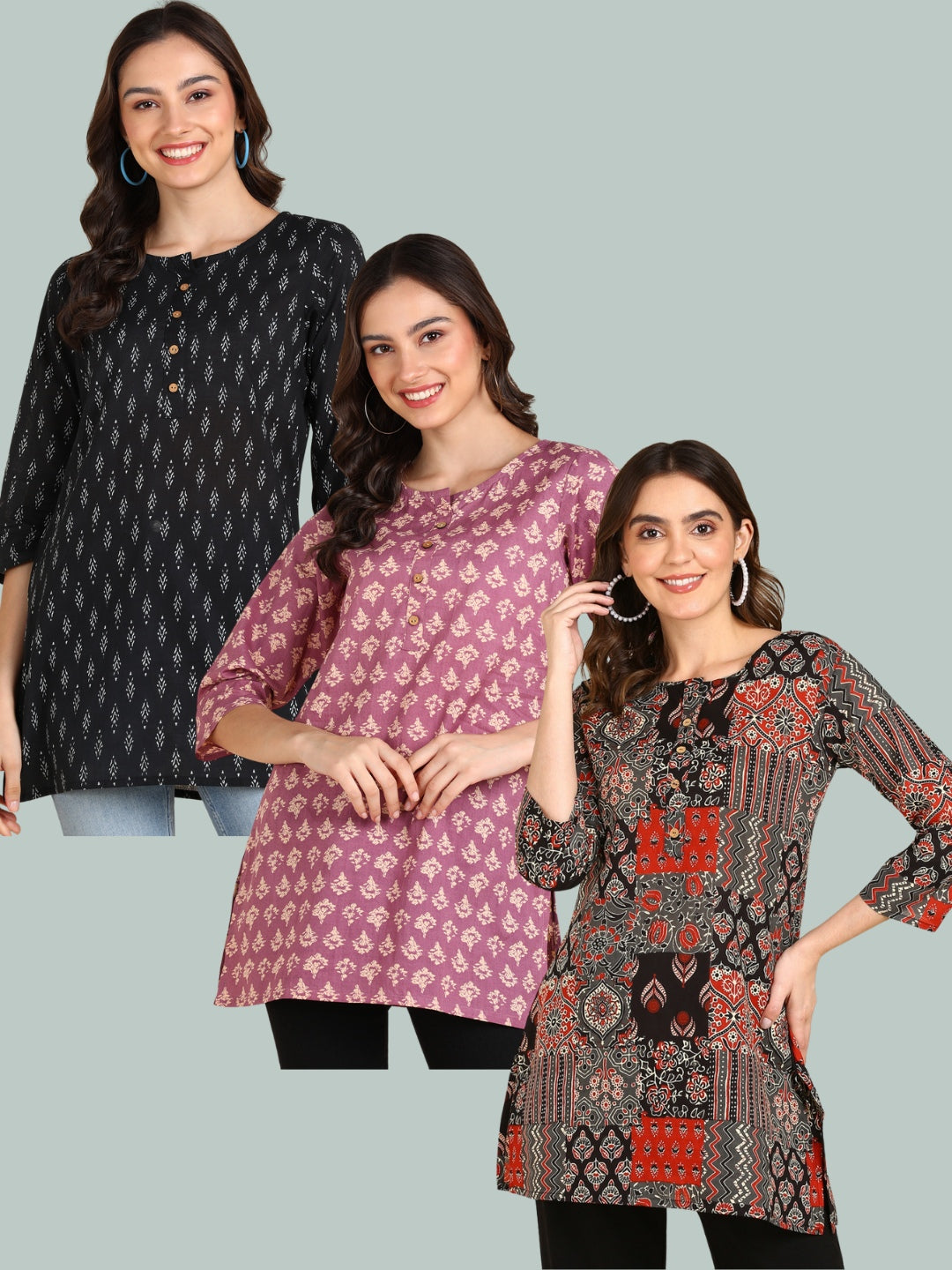 Pure Cotton Hip Length Printed Short kurti / Top (Pack of 3)