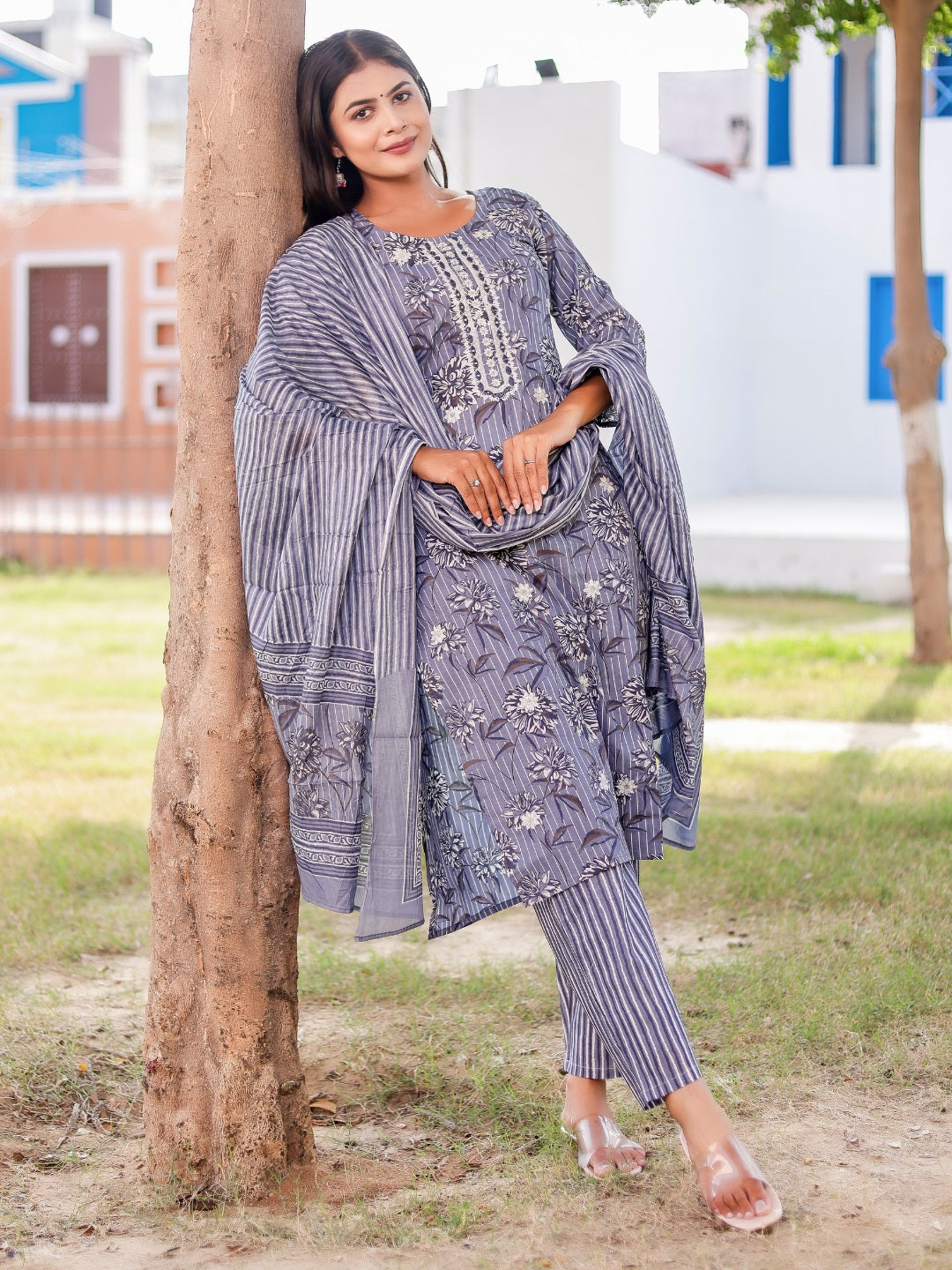 Embroidered Floral Stripes Print Kurta, Pant and Dupatta Set - Grey