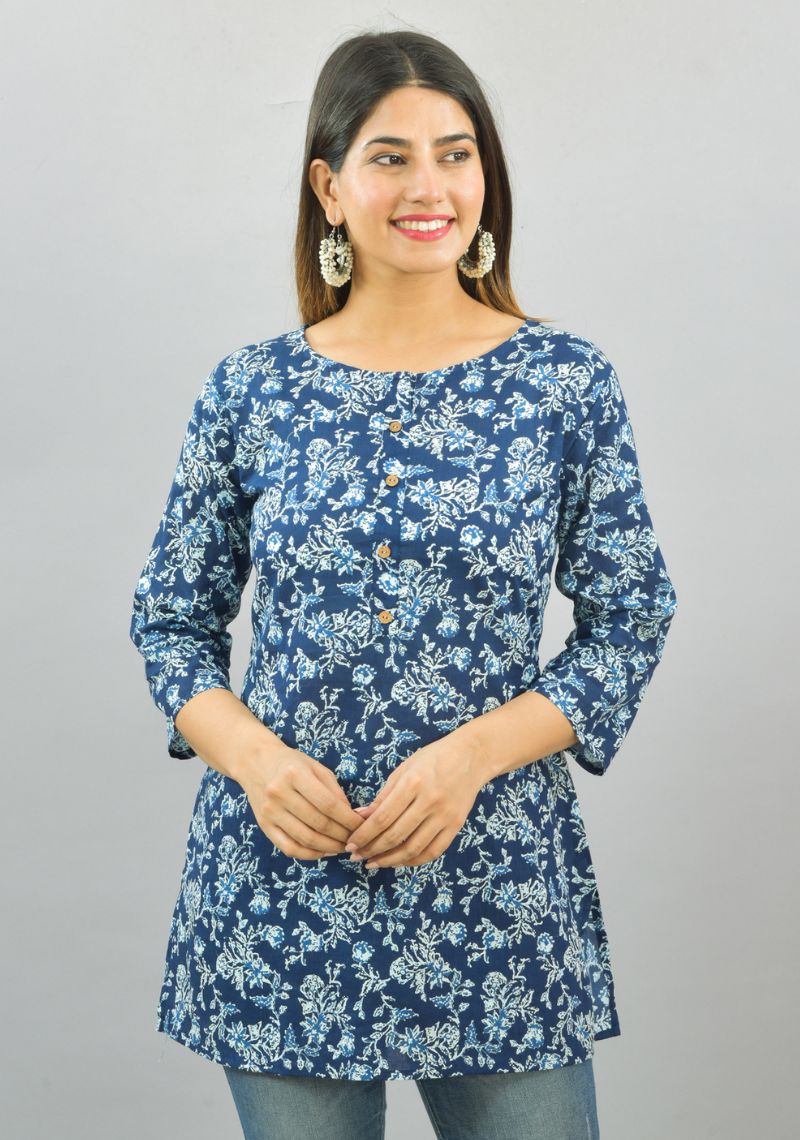 Pure Cotton Printed Short Kurta - Indigo Floral