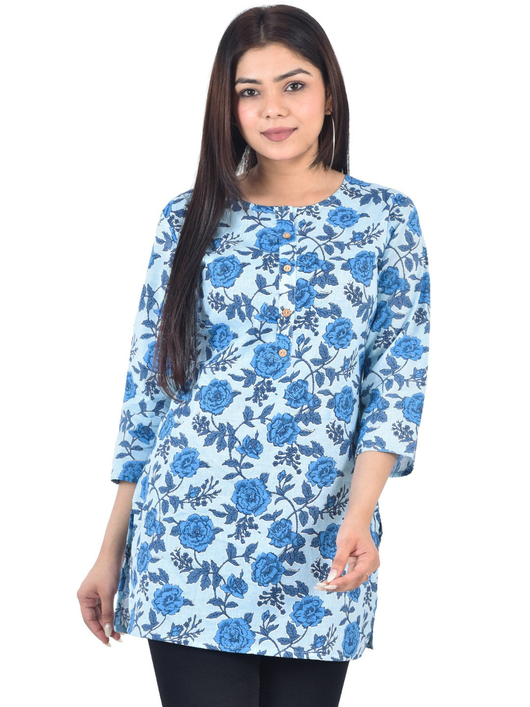 Pure Cotton Floral  Printed Top - Blue