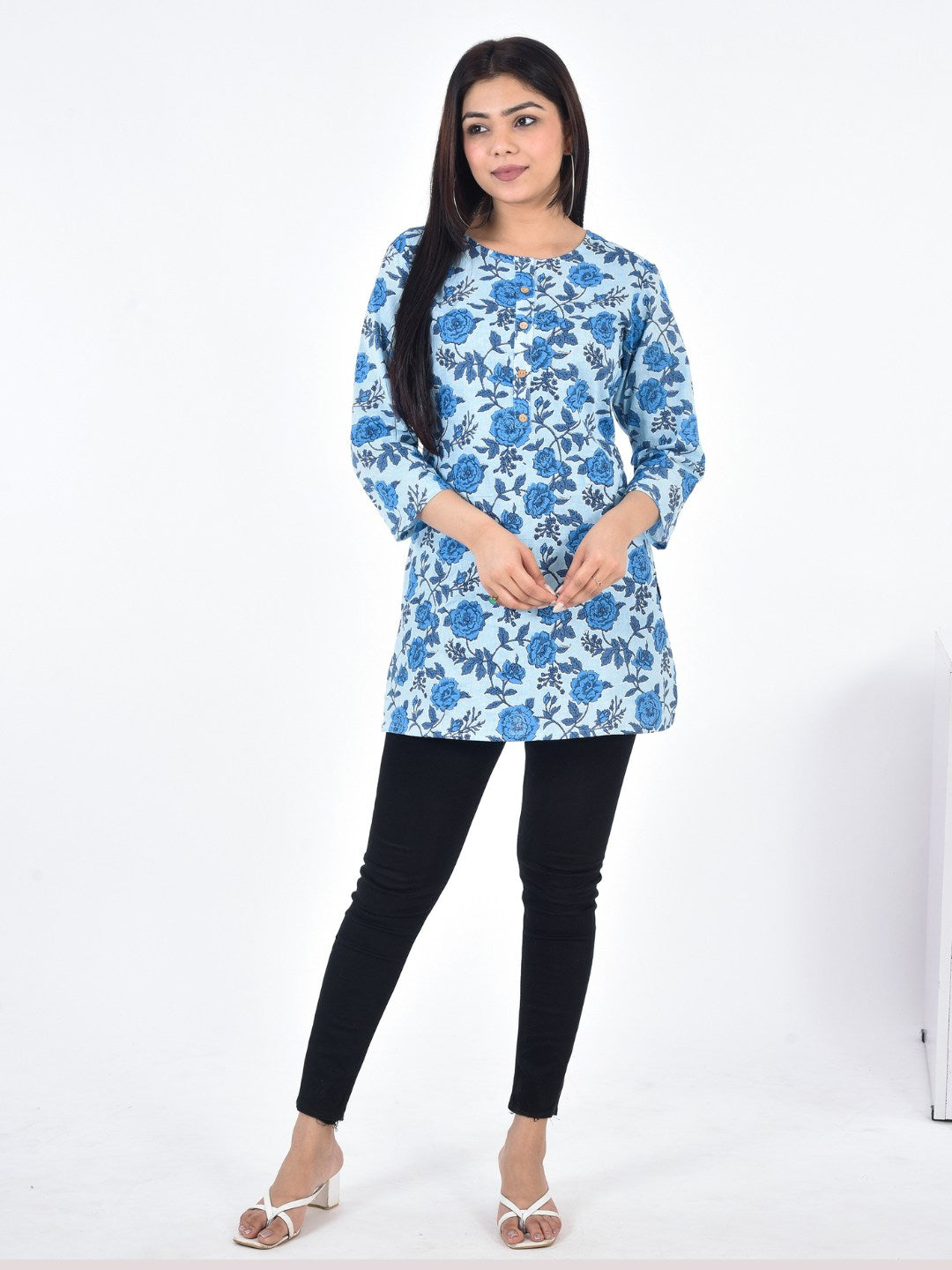 Pure Cotton Floral  Printed Top - Blue
