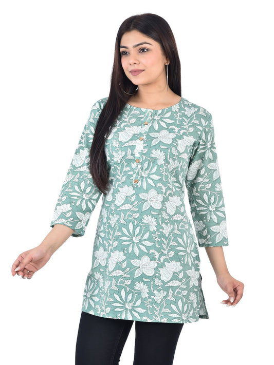 Pure Cotton Floral  Printed Top - Light Green