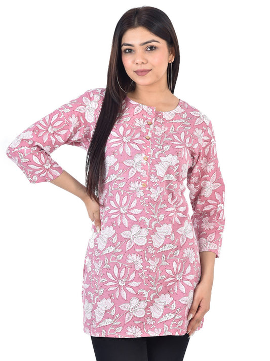 Pure Cotton Floral  Printed Top - Light Pink