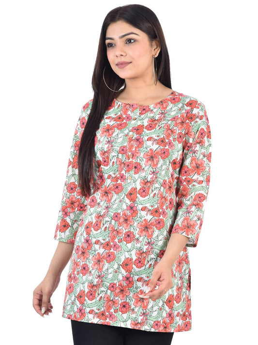Pure Cotton Floral  Printed Top -Red Orange