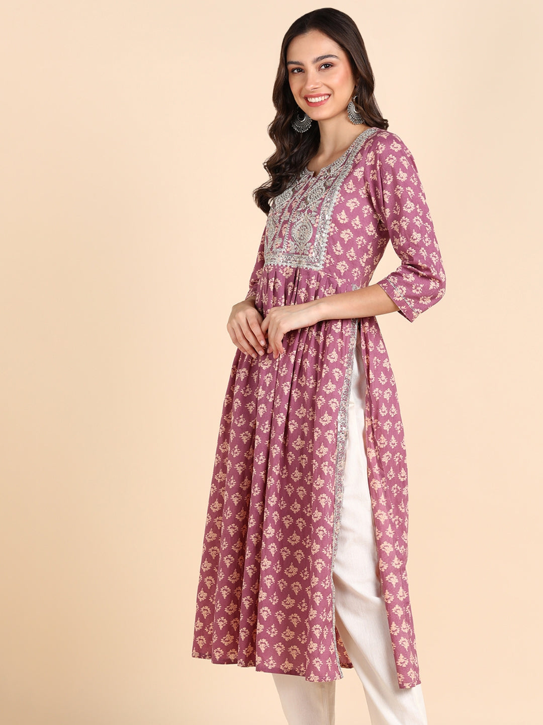 Classic Print Embroidered Nyra Cut Kurta- Purple