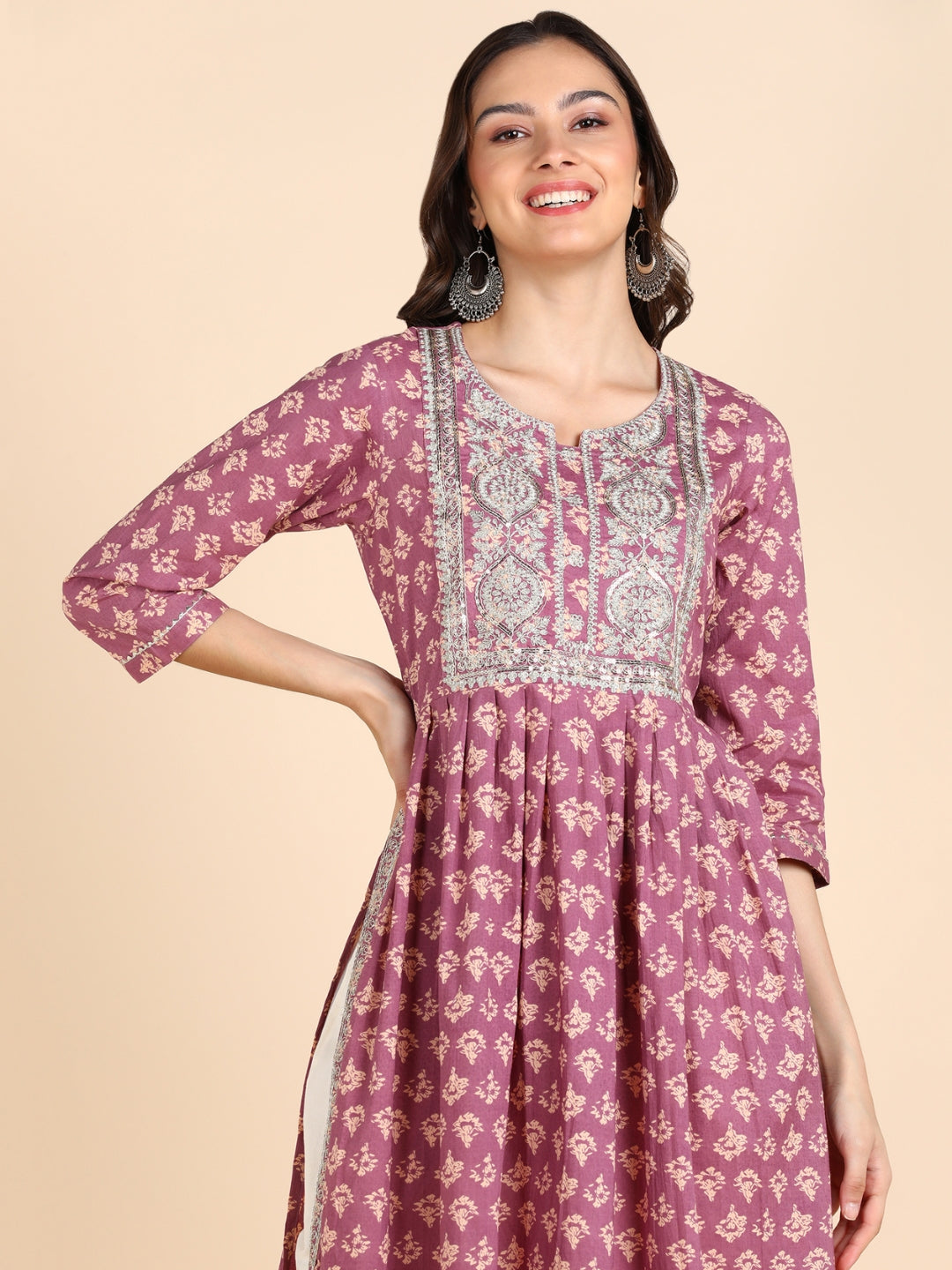 Classic Print Embroidered Nyra Cut Kurta- Purple