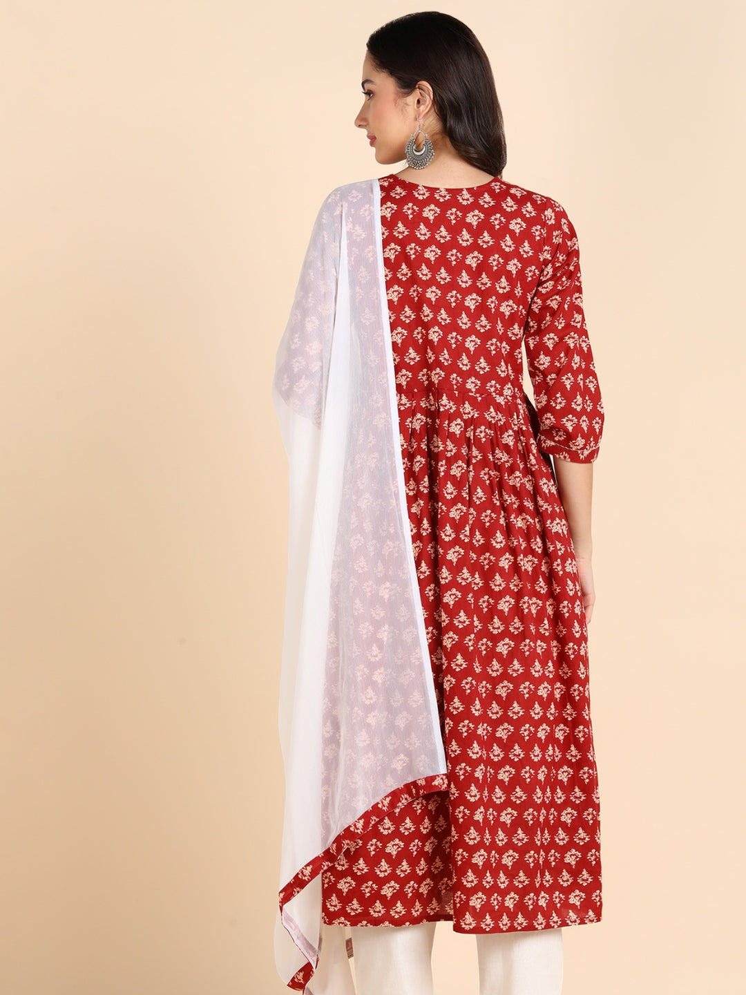 Classic Print Embroidered Nyra Cut Kurta- Red