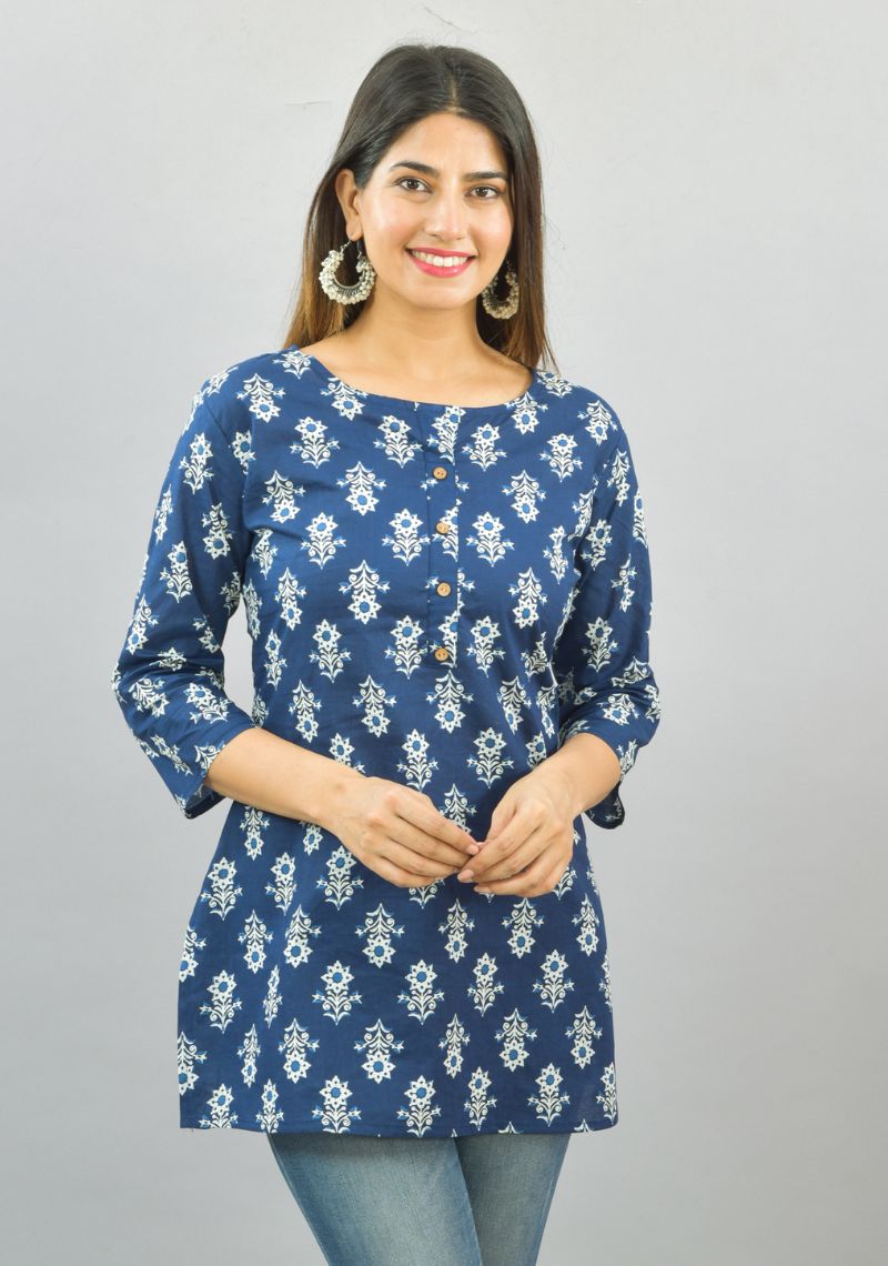 Pure Cotton Printed Short Kurta - Blue