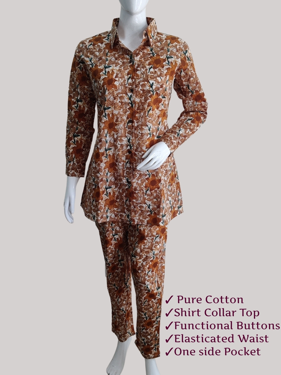 Cotton printed Shirt Style Top and Pant Co-Ord Set -Brown