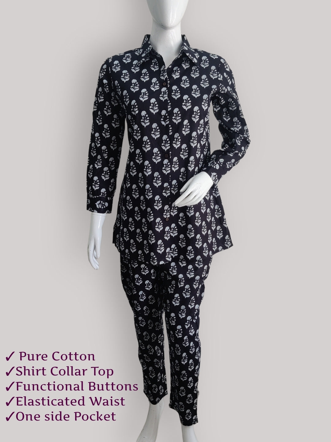 Cotton printed Shirt Style Top and Pant Co-Ord Set -Black