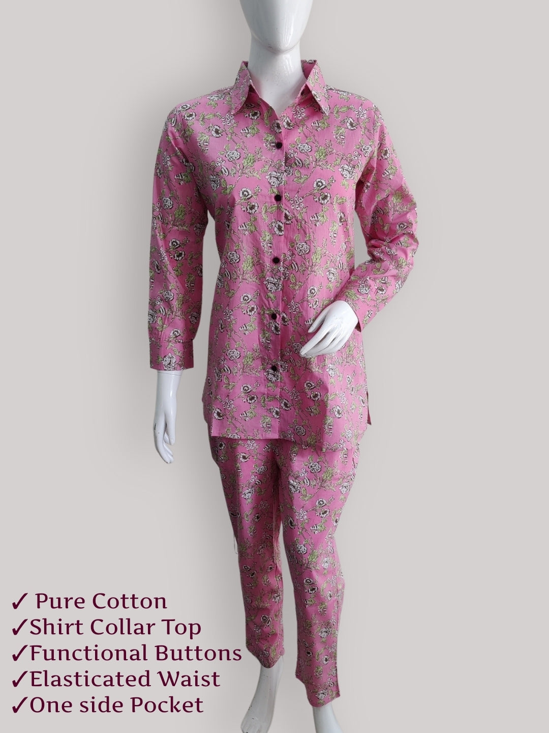 Cotton printed Shirt Style Top and Pant Co-Ord Set -Pink