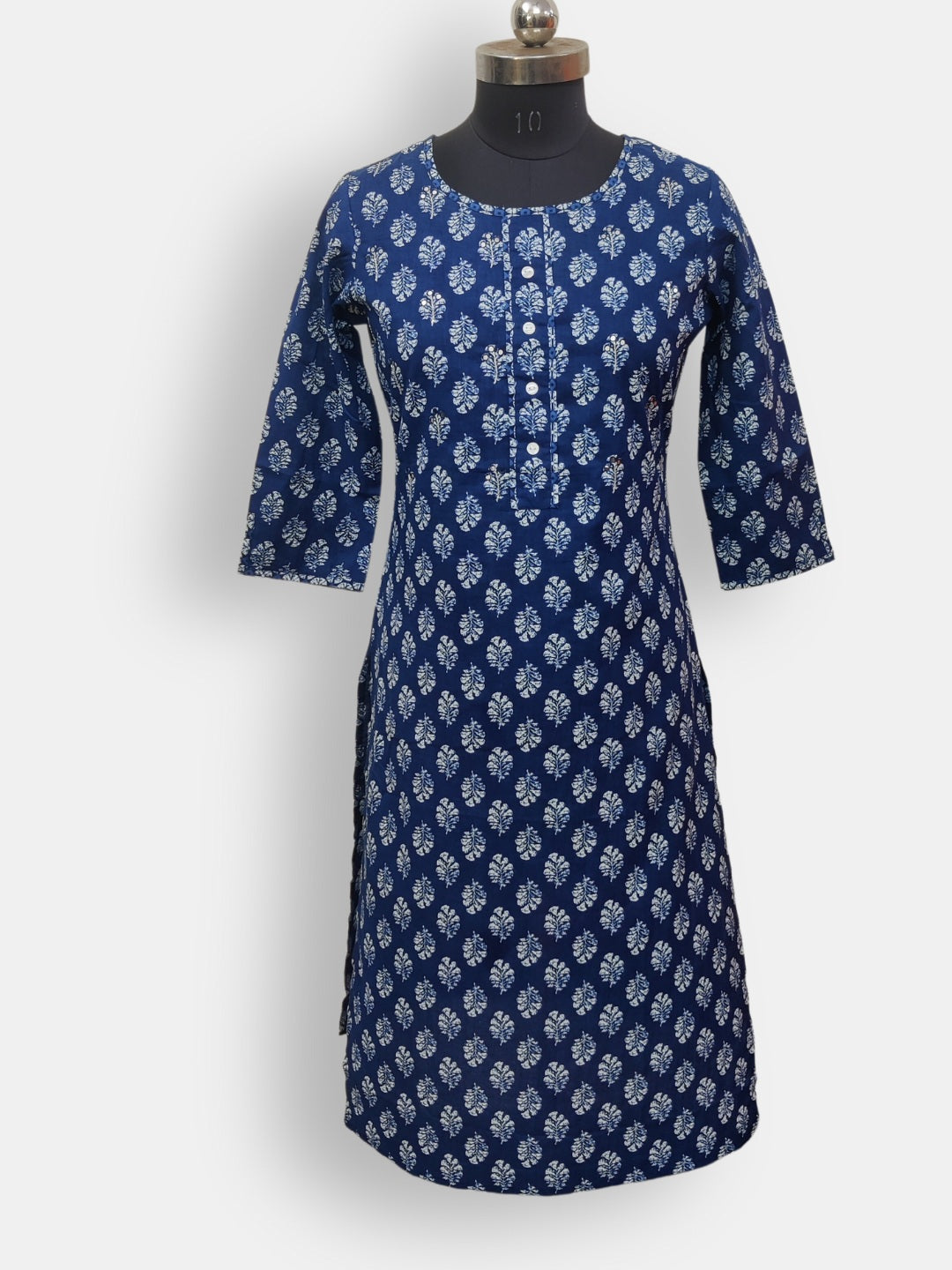 Pure Cotton Hand Embroidered Printed Straight cut Kurta - Indigo