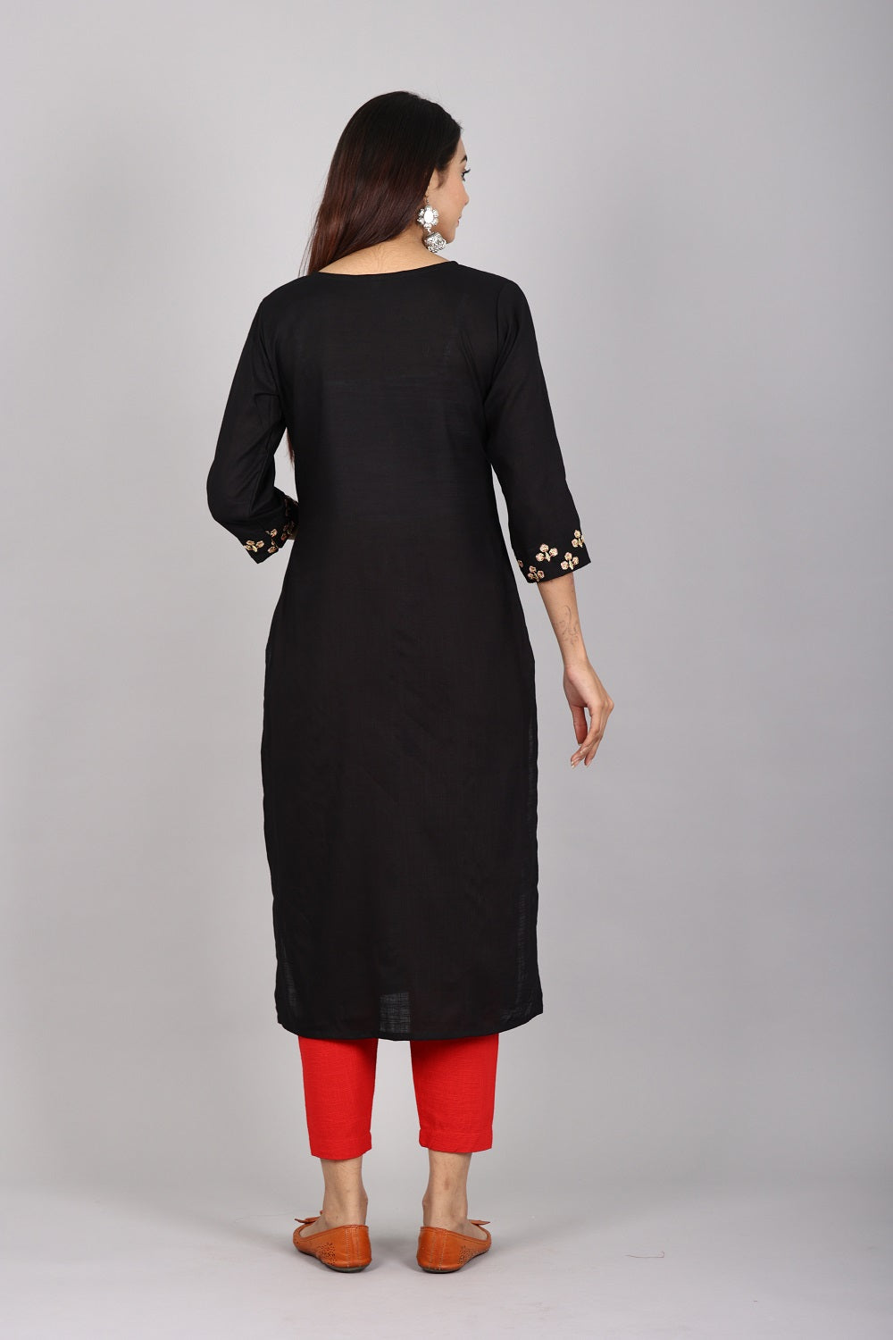 Rayon All-over Embroidered Straight Kurta (Black)