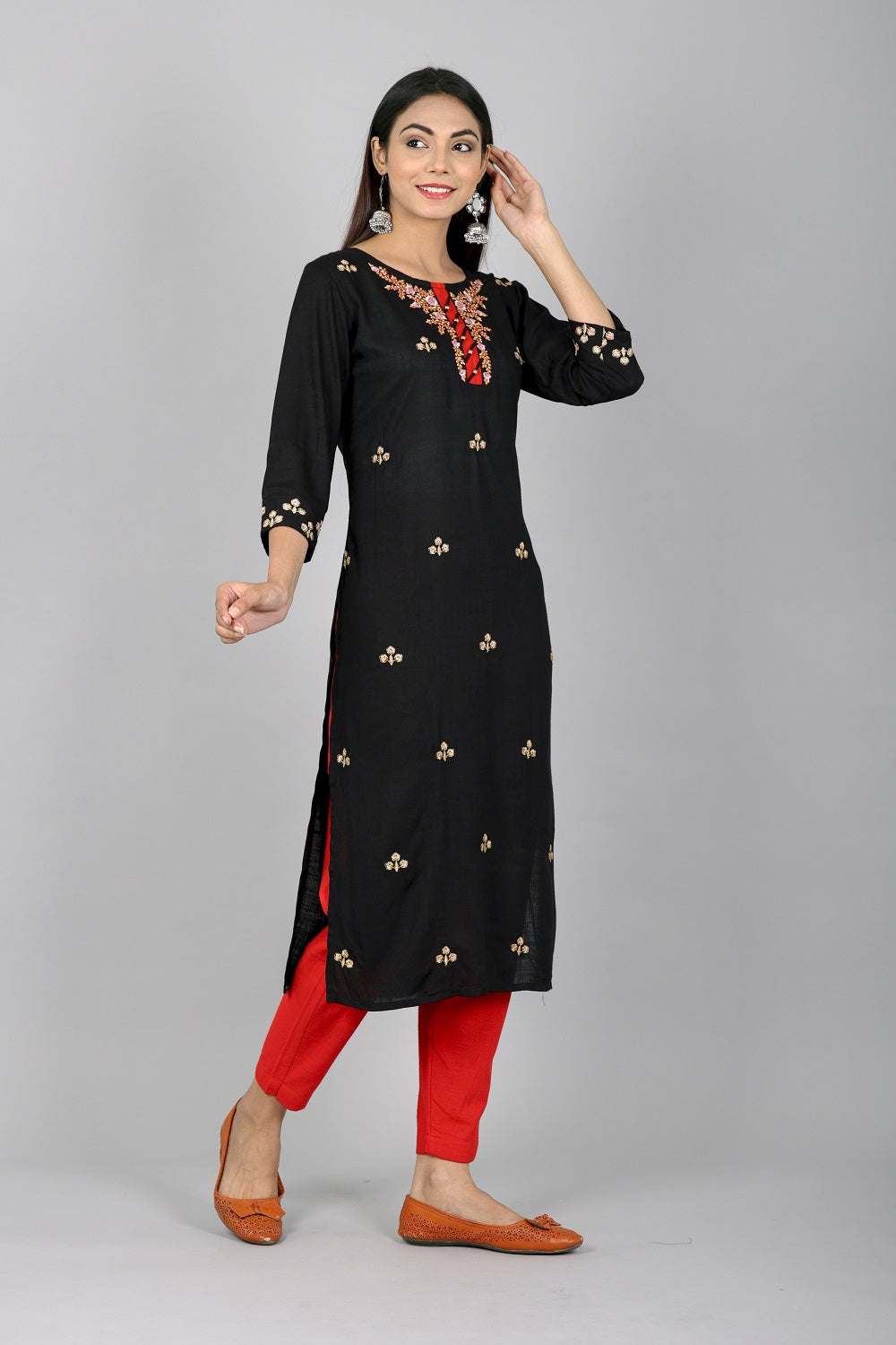 Rayon All-over Embroidered Straight Kurta (Black)