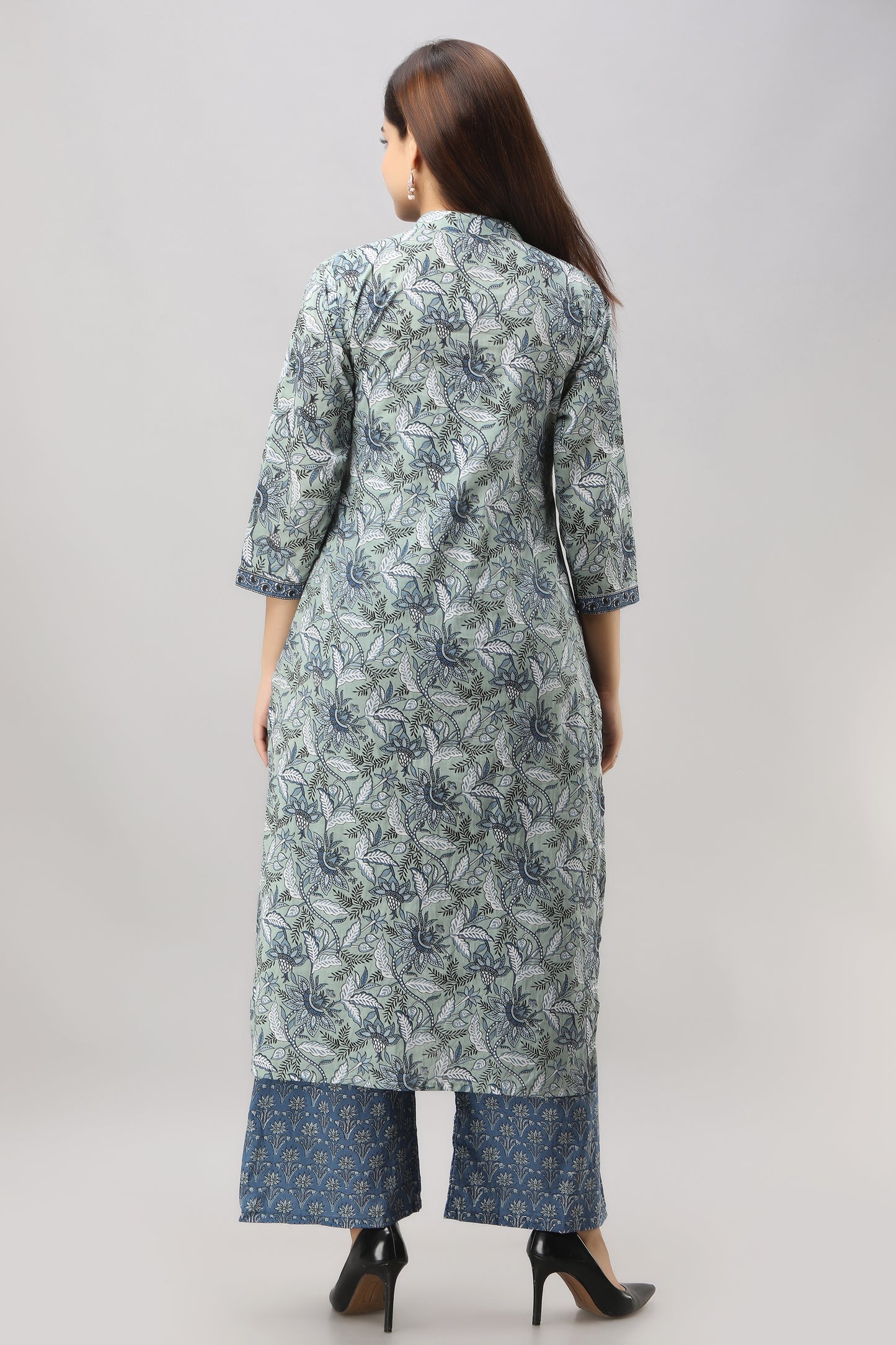 Cotton Kalamkari Floral Print Kurta, Palazzo and Dupatta Set