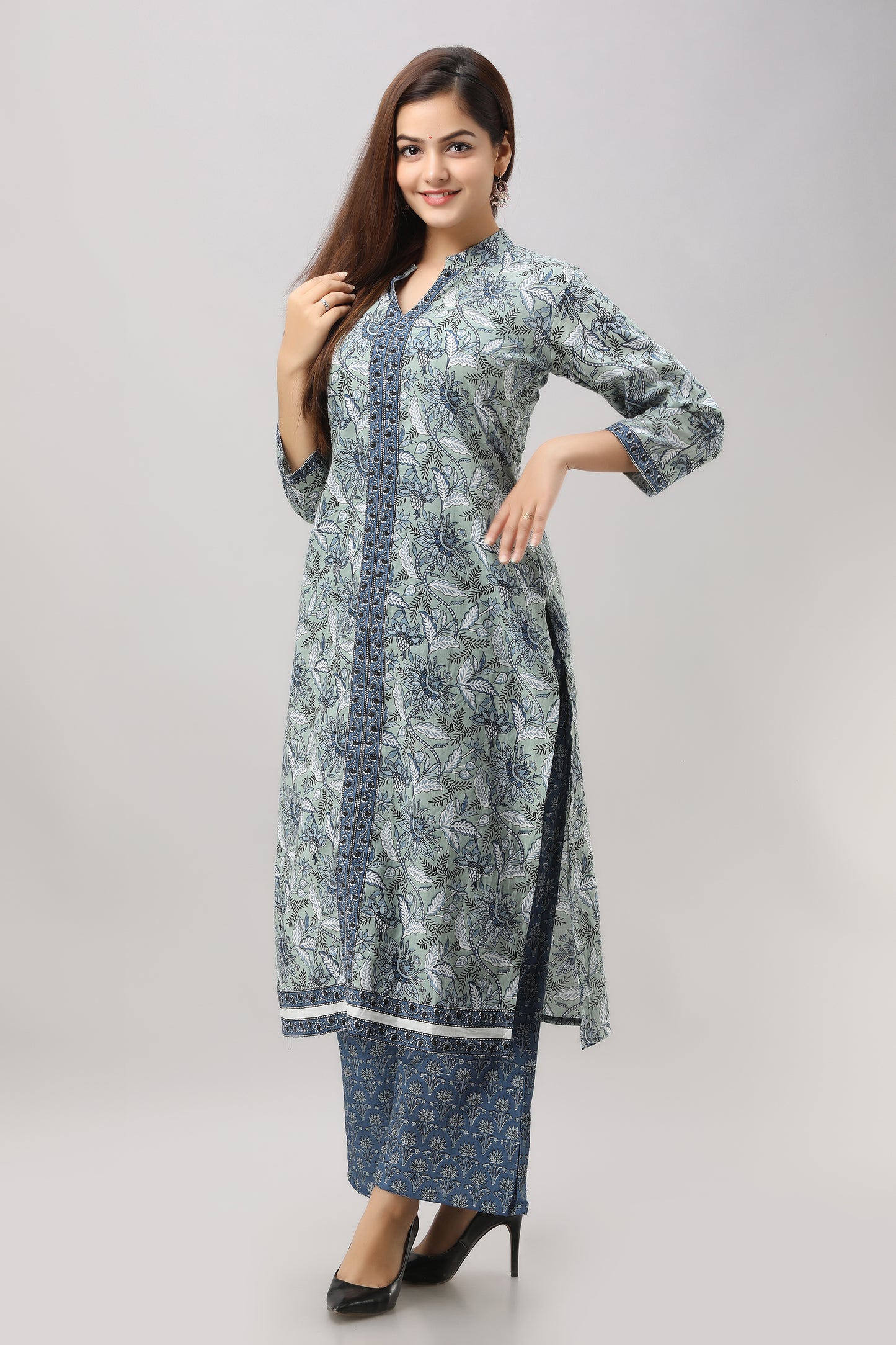 Cotton Kalamkari Floral Print Kurta, Palazzo and Dupatta Set
