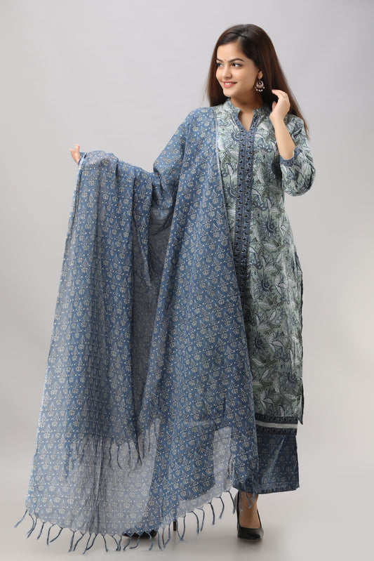 Cotton Kalamkari Floral Print Kurta, Palazzo and Dupatta Set
