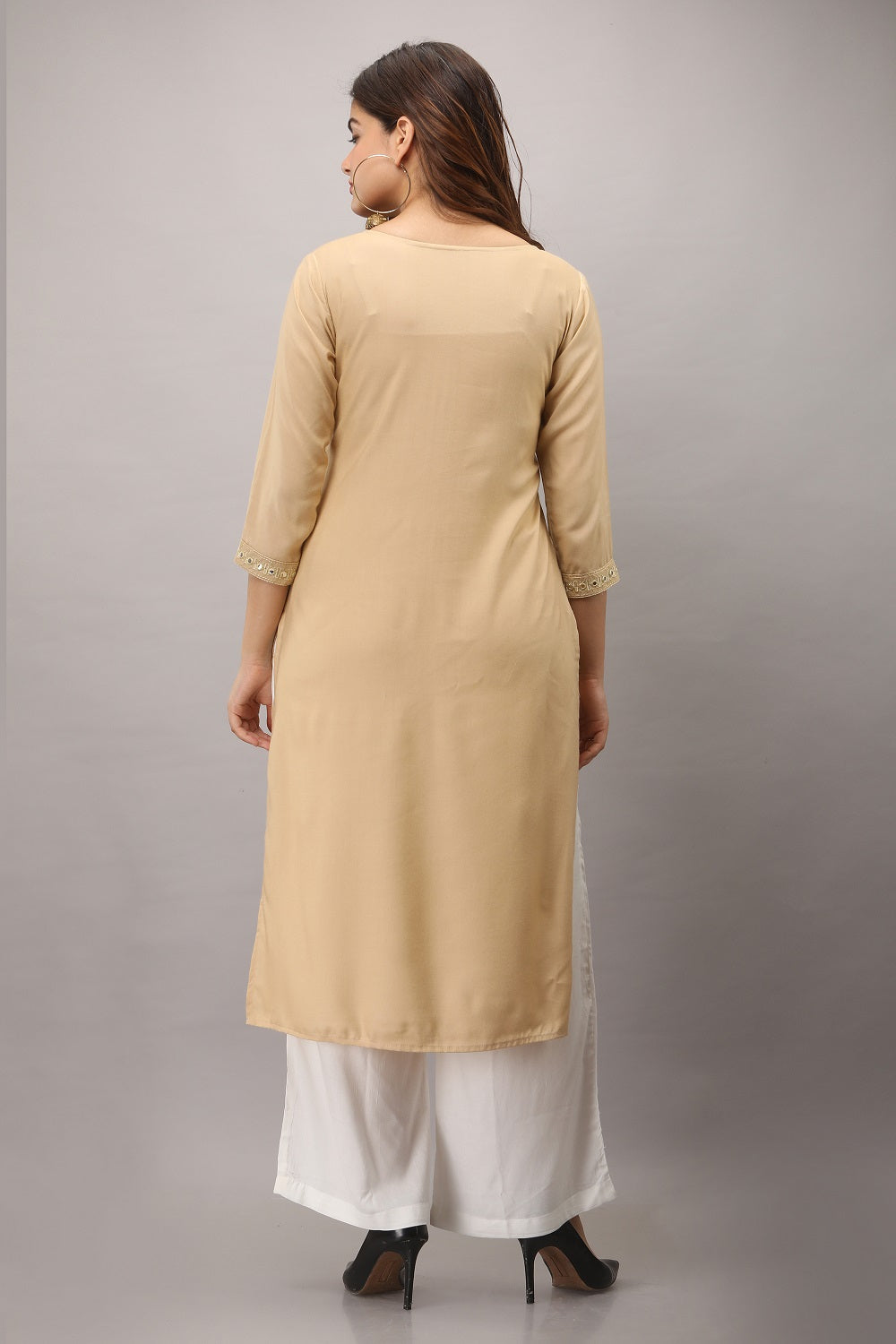 Rayon Straight Mirror Embroidered Kurti (Beige)
