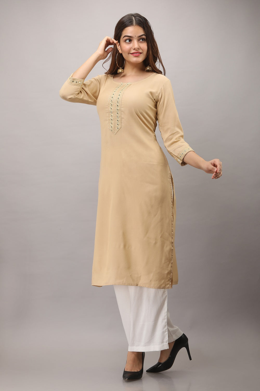 Rayon Straight Mirror Embroidered Kurti (Beige)