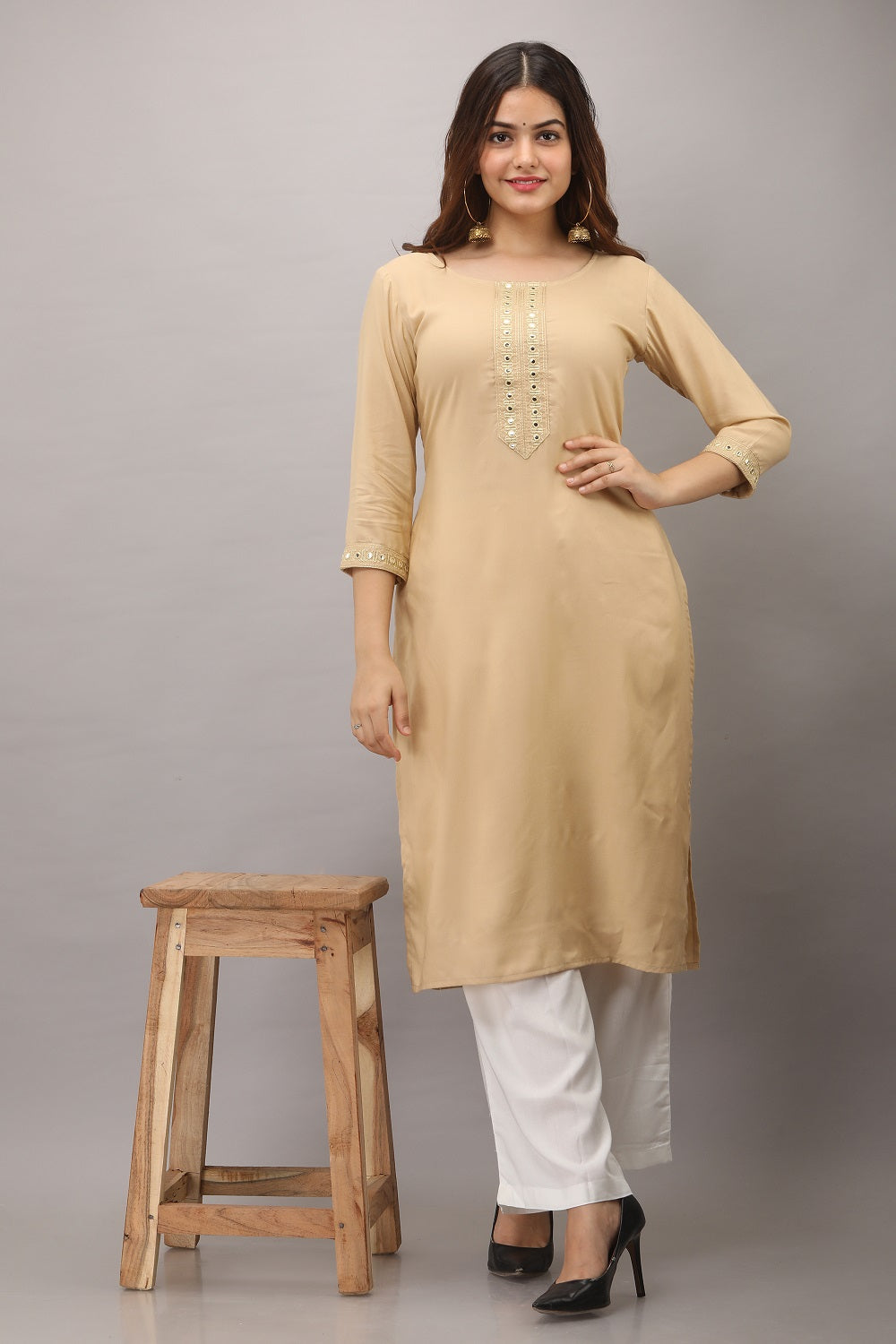 Rayon Straight Mirror Embroidered Kurti (Beige)