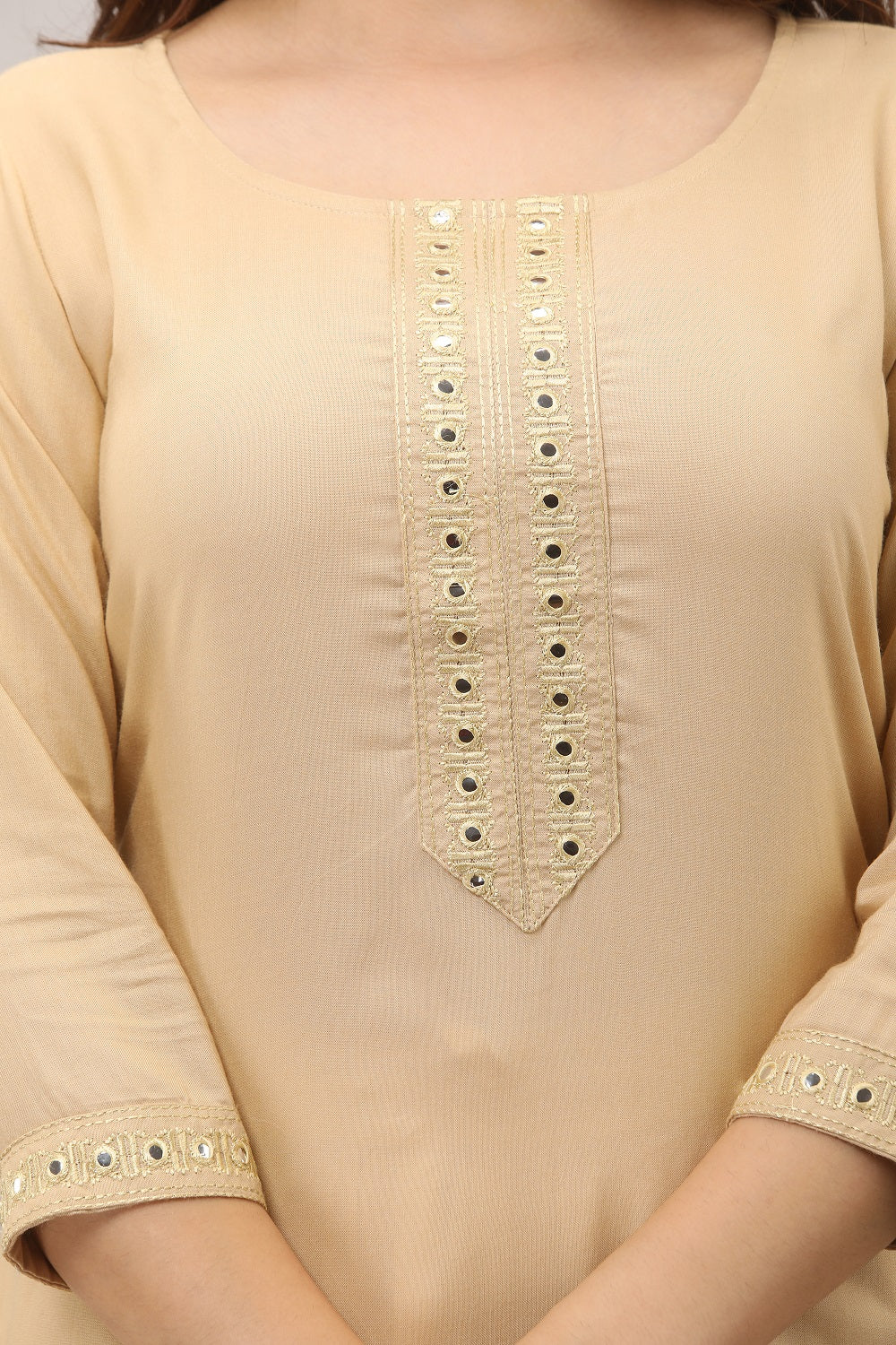 Rayon Straight Mirror Embroidered Kurti (Beige)