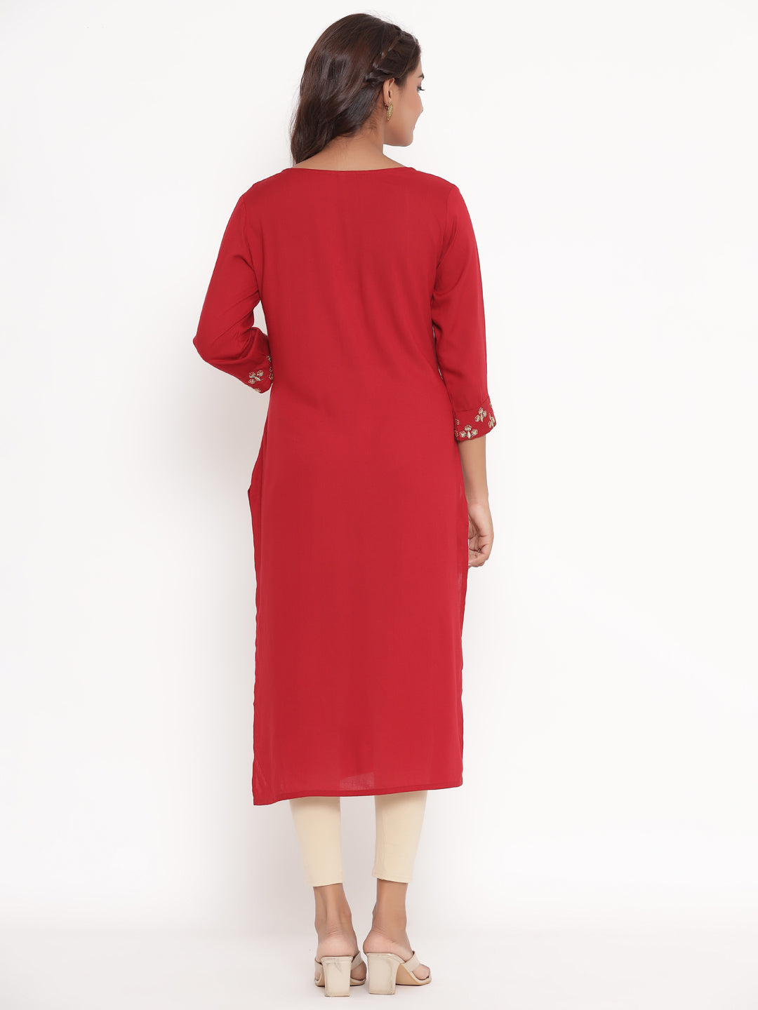 Rayon All-over Embroidered Straight Kurta (Maroon)