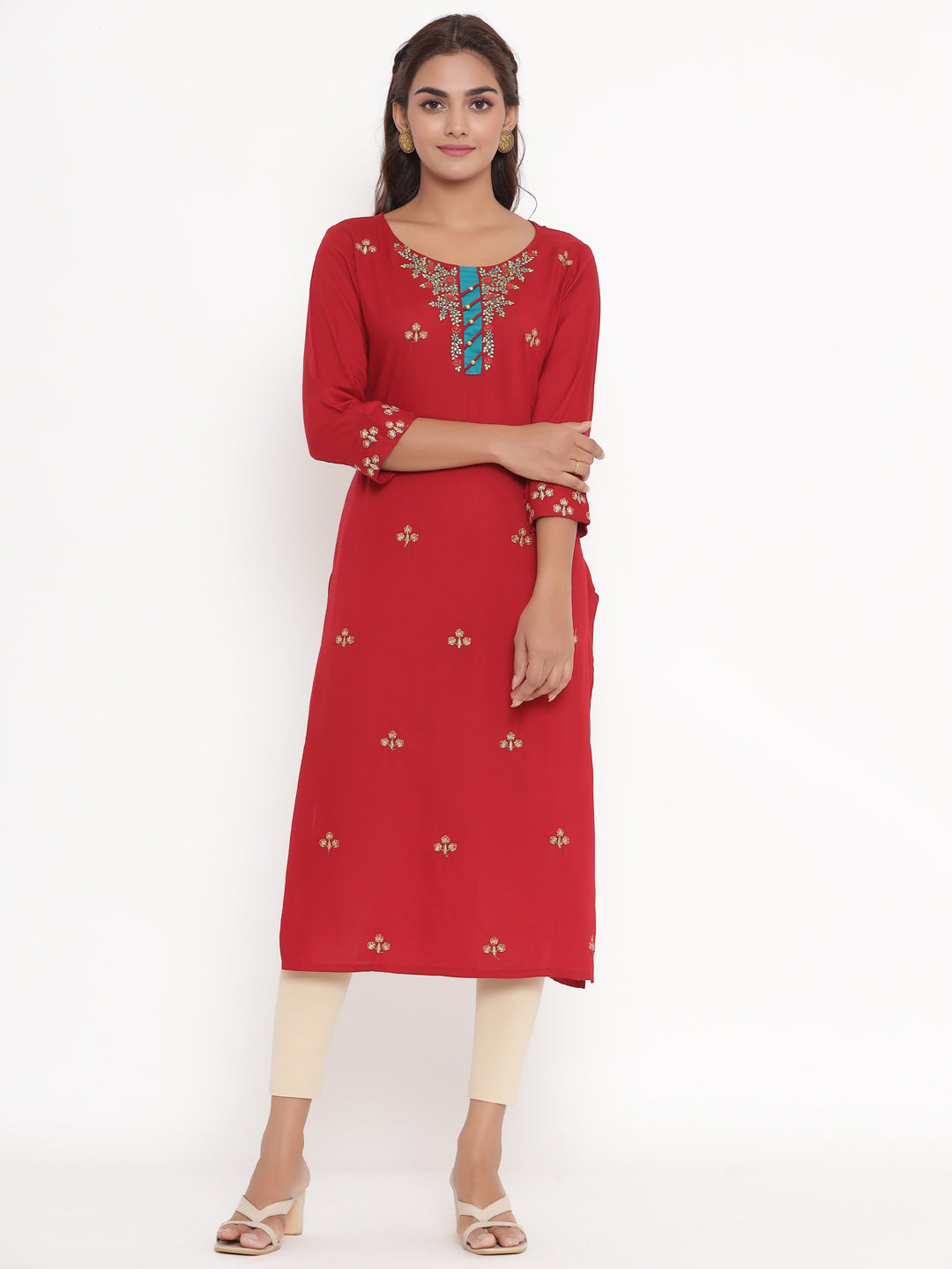 Rayon All-over Embroidered Straight Kurta (Maroon)