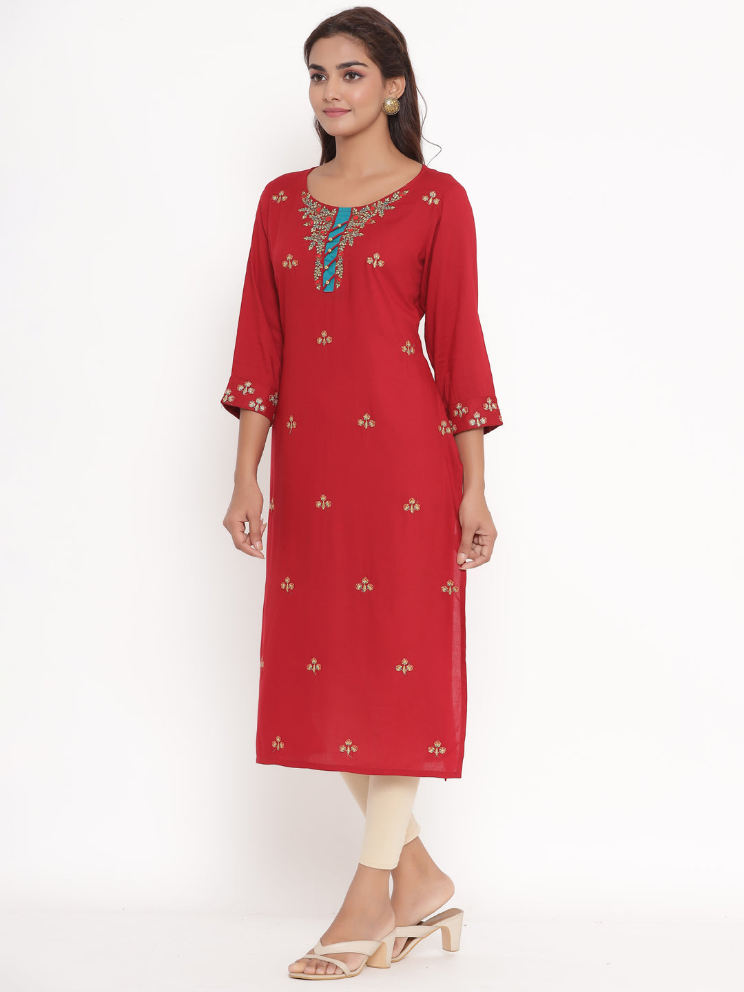 Rayon All-over Embroidered Straight Kurta (Maroon)