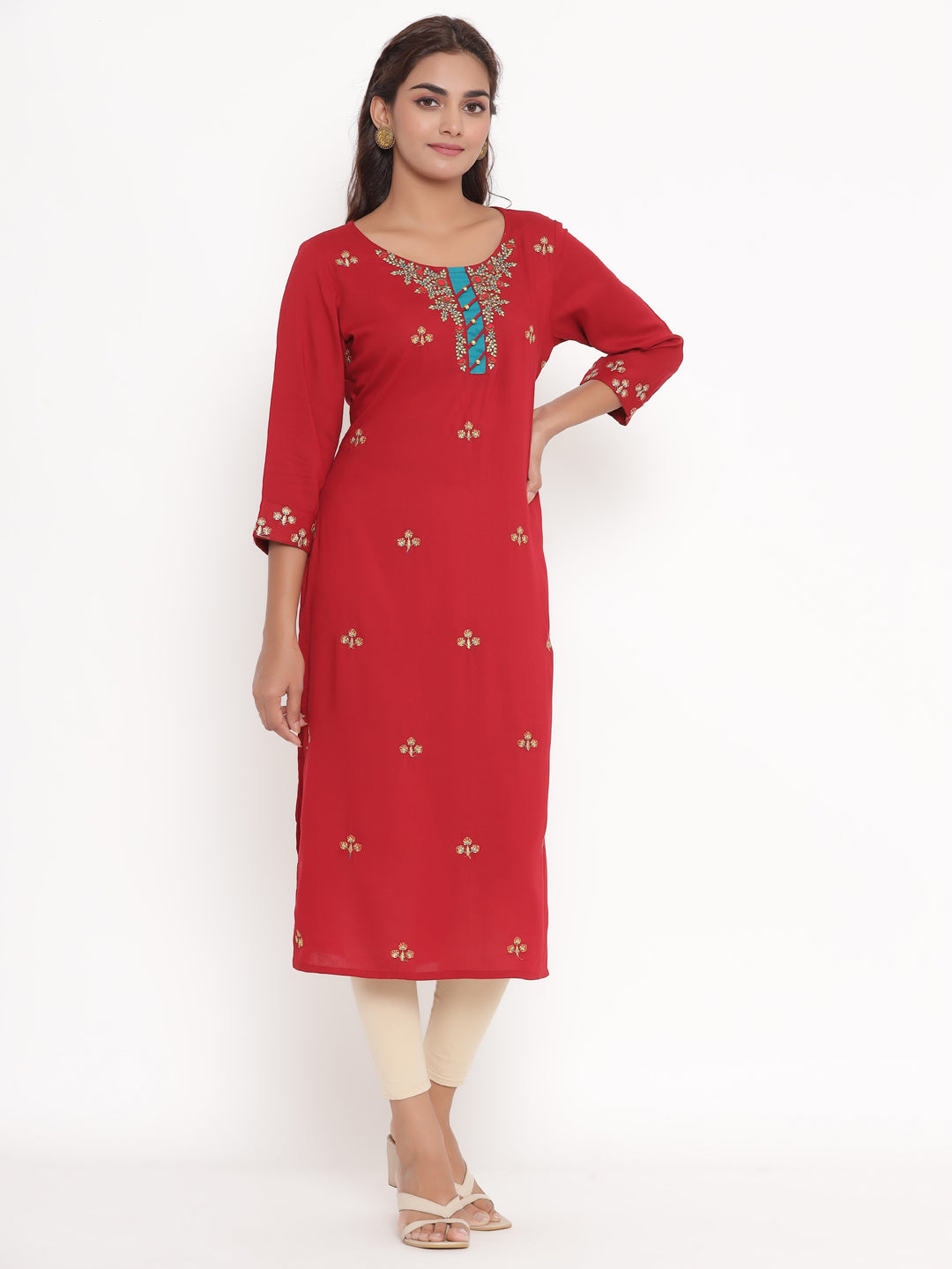 Rayon All-over Embroidered Straight Kurta (Maroon)