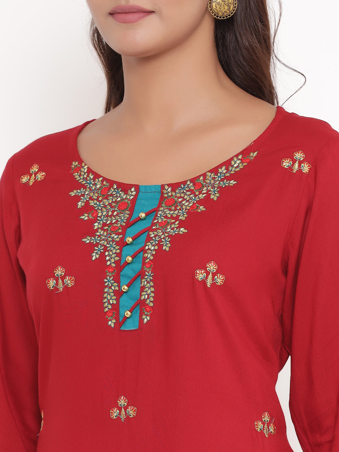 Rayon All-over Embroidered Straight Kurta (Maroon)