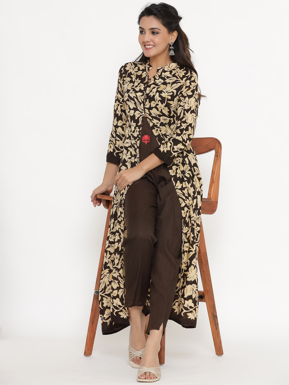Floral Print Shrug, Top and Pant Set - Brown