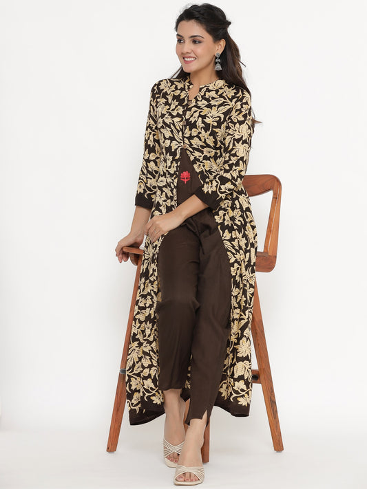 Floral Print Shrug, Top and Pant Set - Brown