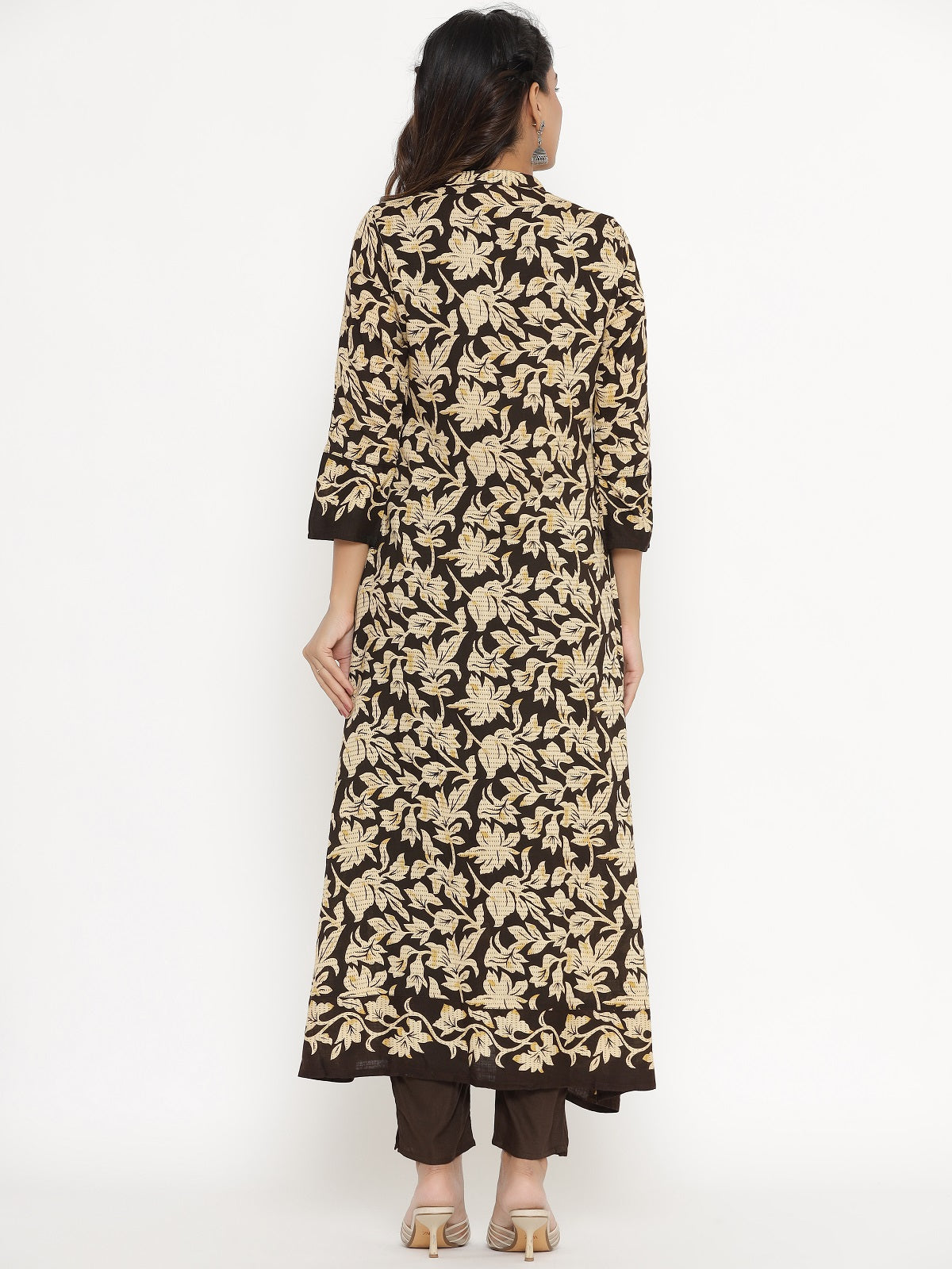 Floral Print Shrug, Top and Pant Set - Brown