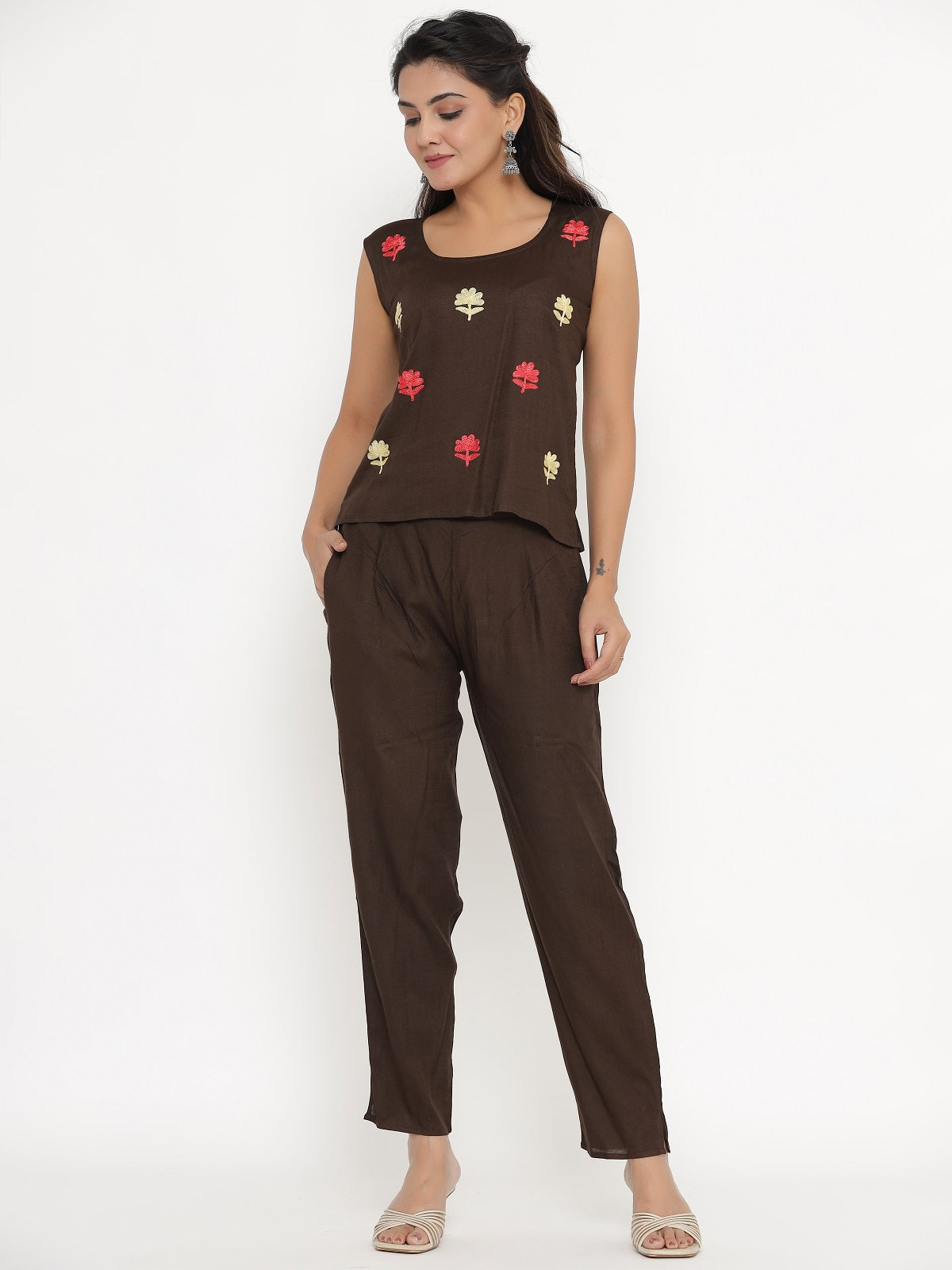 Floral Print Shrug, Top and Pant Set - Brown