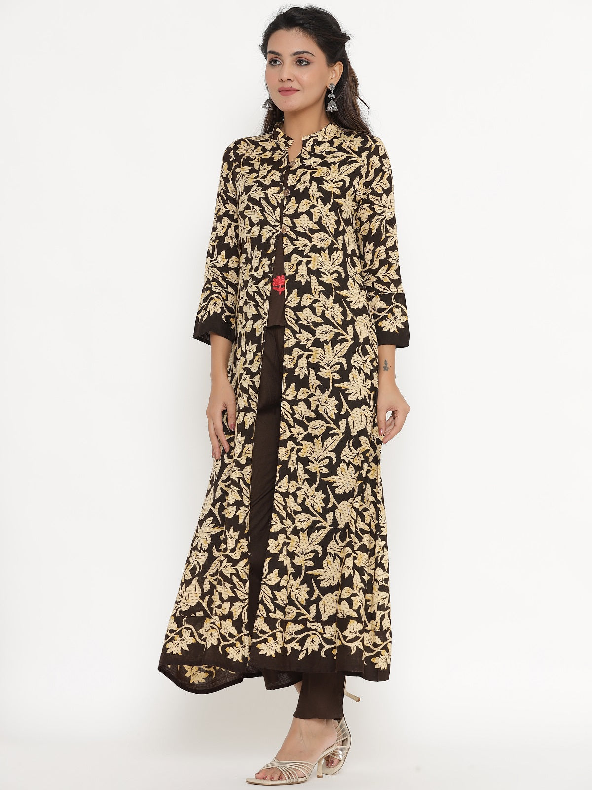 Floral Print Shrug, Top and Pant Set - Brown