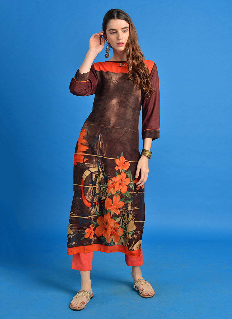 Rayon Floral Print Straight Kurta (Brown)