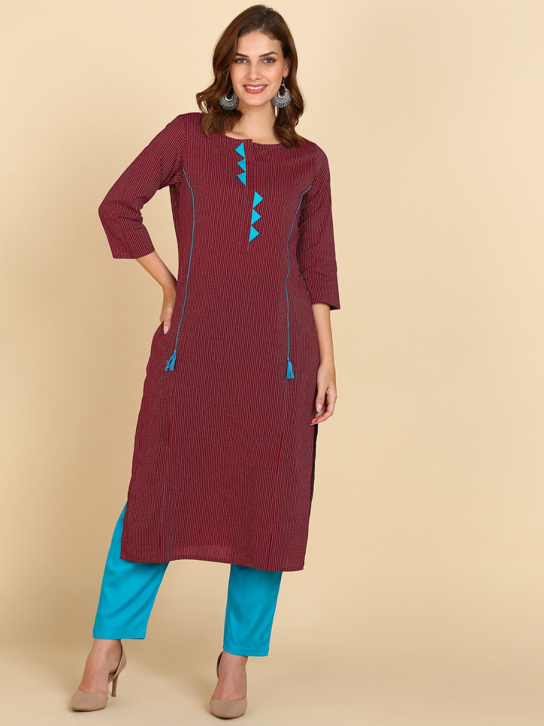 Cotton Katha Princess Cut Straight Kurta -Wine