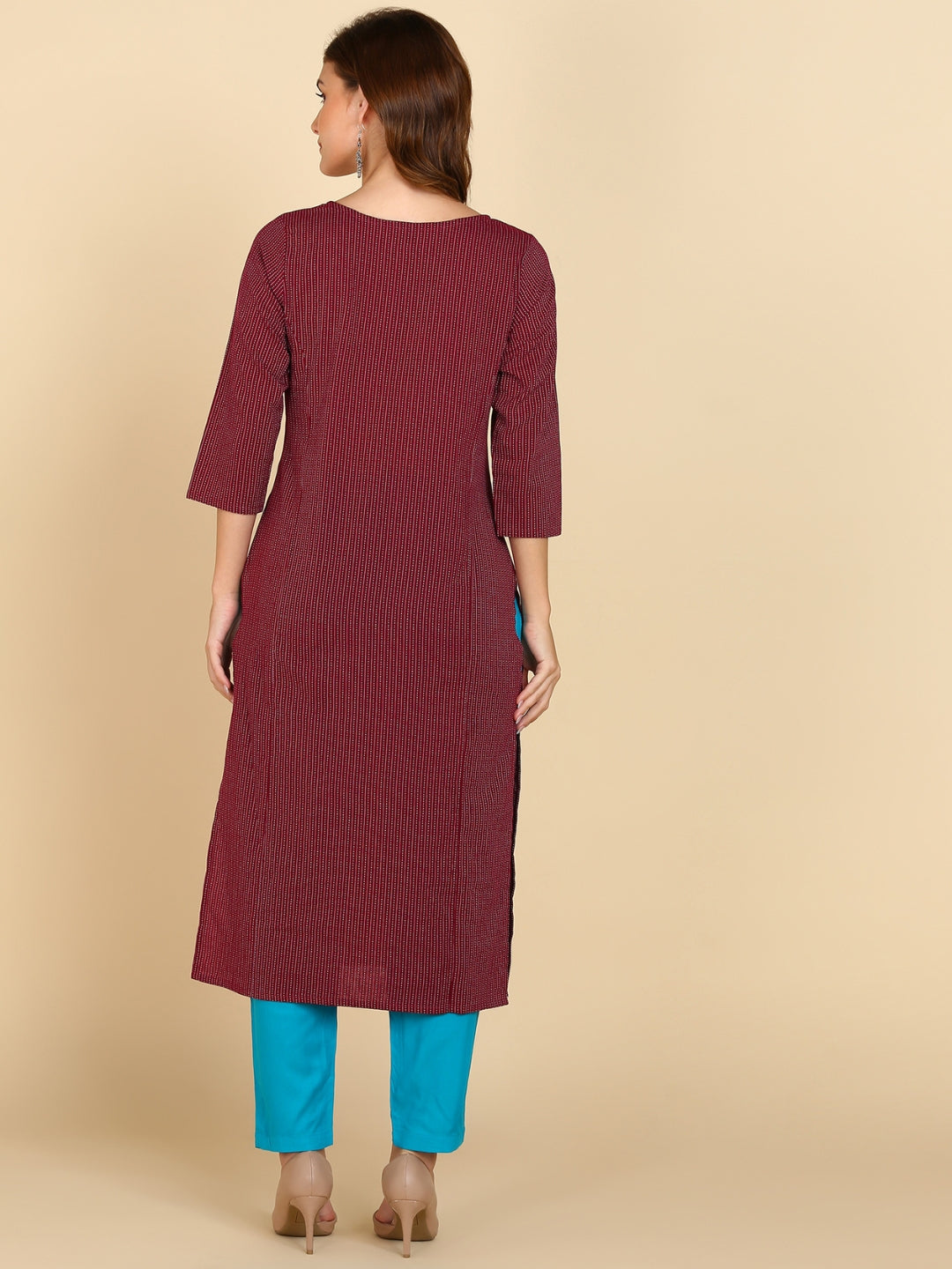 Cotton Katha Princess Cut Straight Kurta -Wine