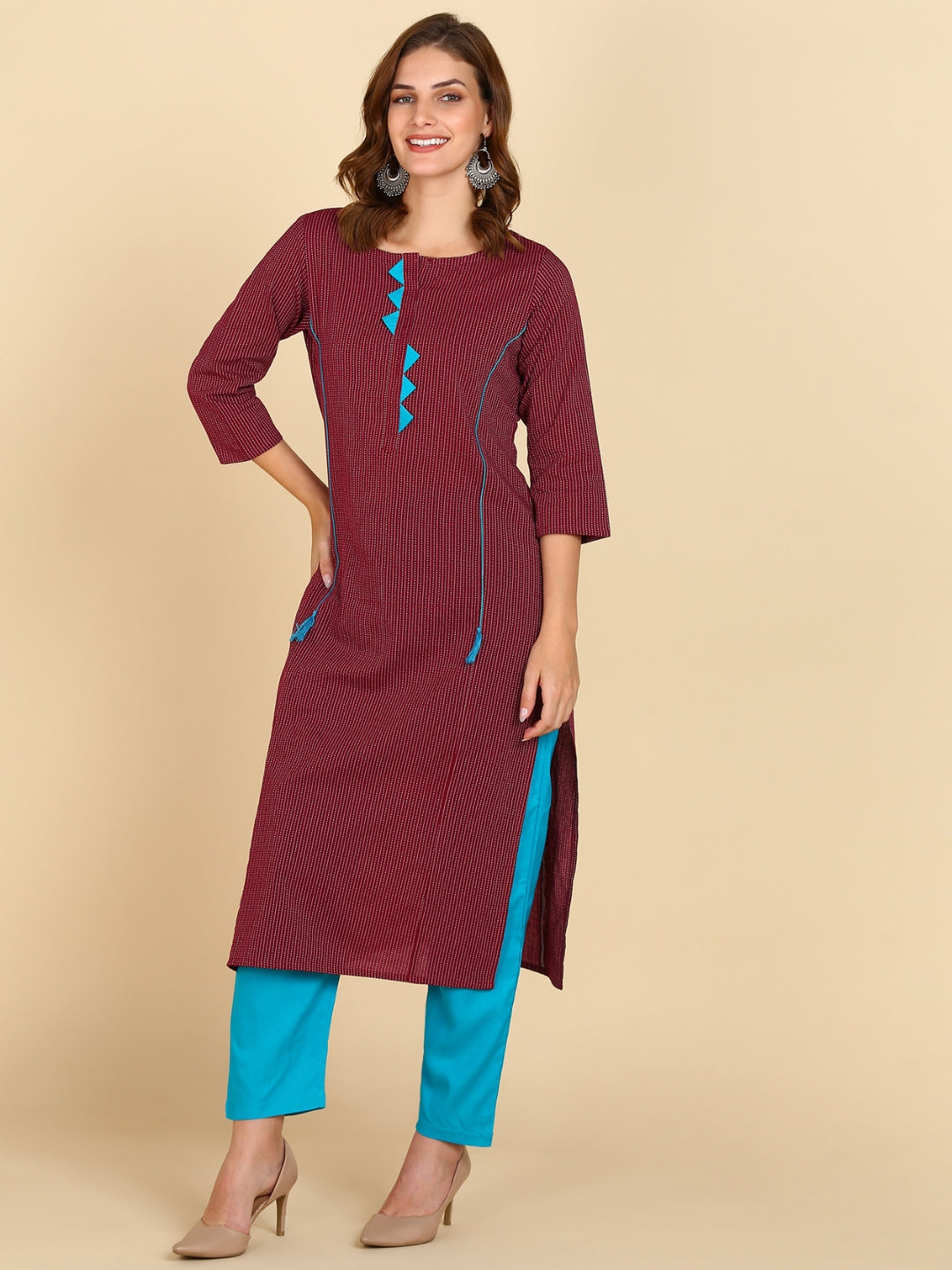 Cotton Katha Princess Cut Straight Kurta -Wine