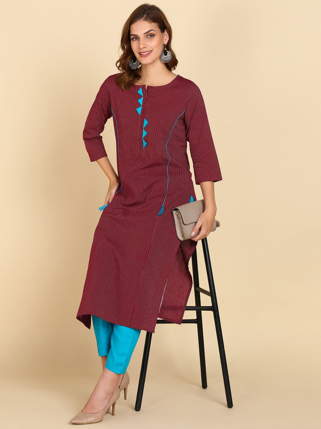 Cotton Katha Princess Cut Straight Kurta -Wine