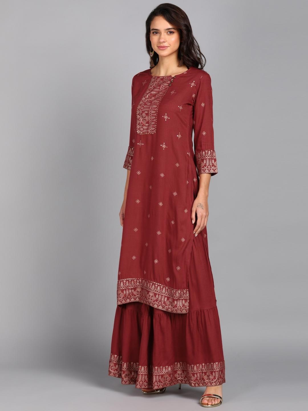 Ethnic Print Embellished Kurta and Skirt Set (Maroon)