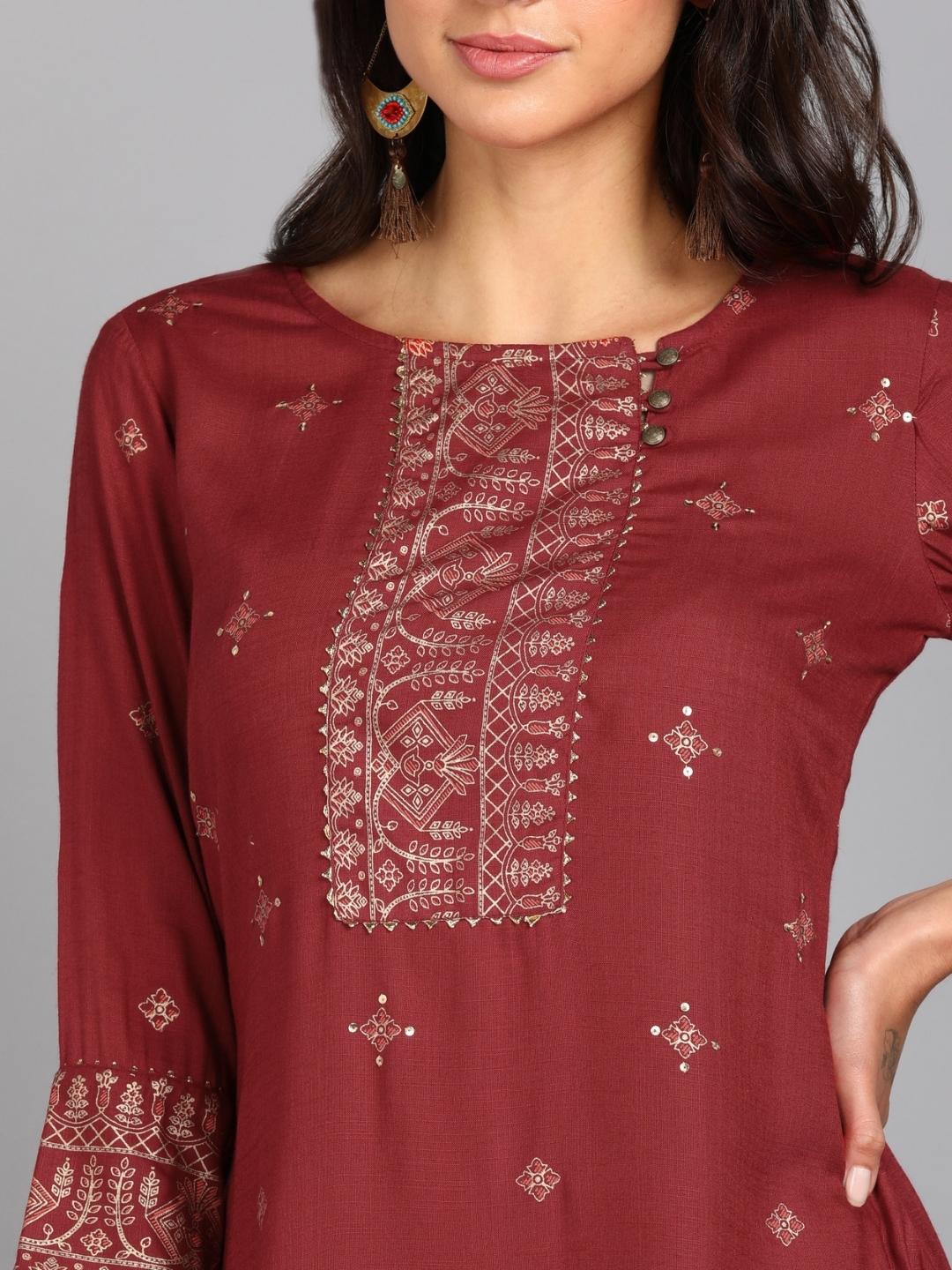 Ethnic Print Embellished Kurta and Skirt Set (Maroon)