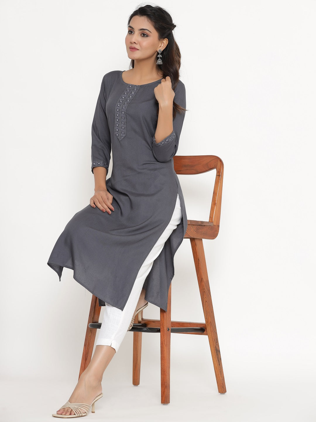 Rayon Solid Embroidered Straight Kurta - Grey