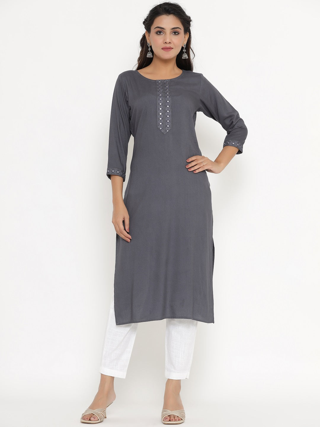 Rayon Solid Embroidered Straight Kurta - Grey