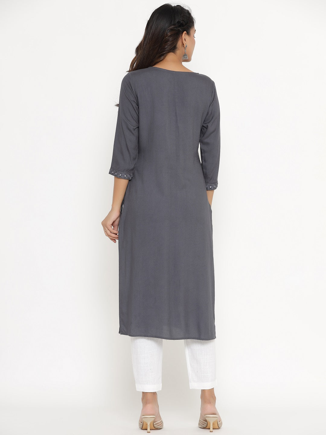 Rayon Solid Embroidered Straight Kurta - Grey