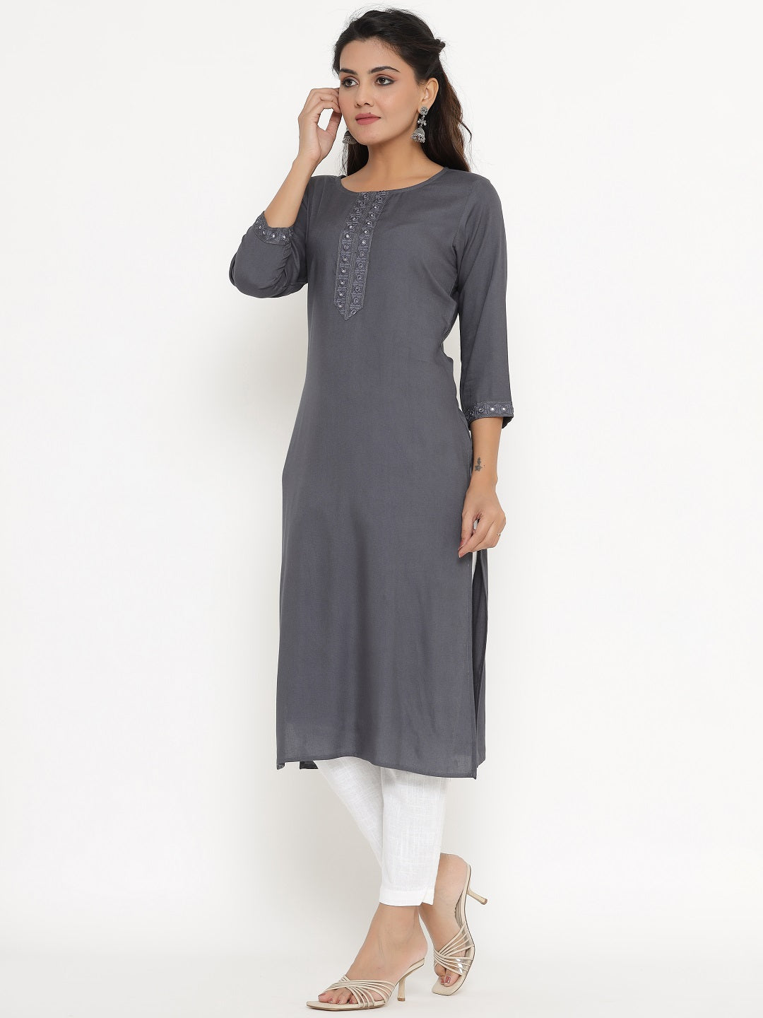 Rayon Solid Embroidered Straight Kurta - Grey