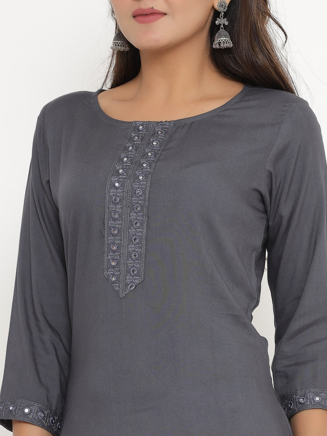 Rayon Solid Embroidered Straight Kurta - Grey