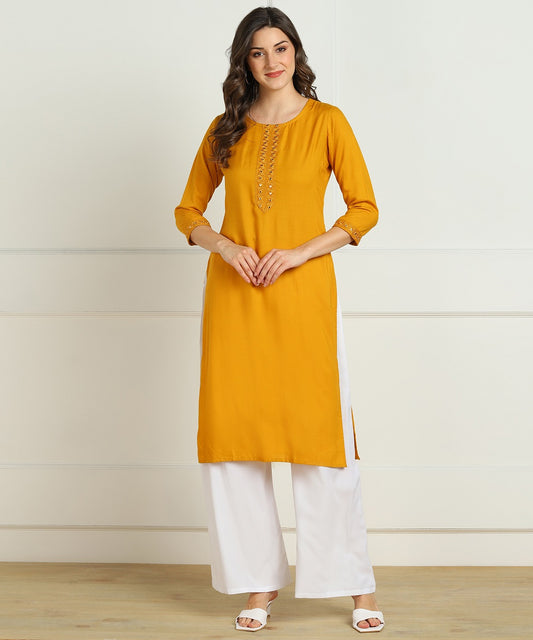 Rayon Straight Mirror Embroidered Kurti (Mustard)