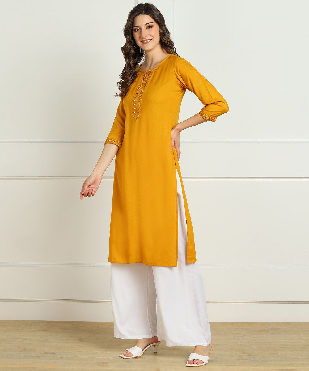Rayon Straight Mirror Embroidered Kurti (Mustard)