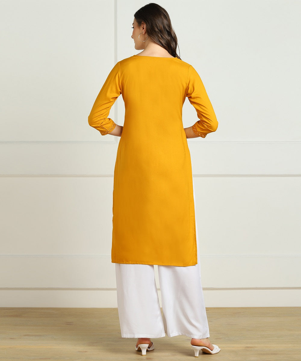 Rayon Straight Mirror Embroidered Kurti (Mustard)